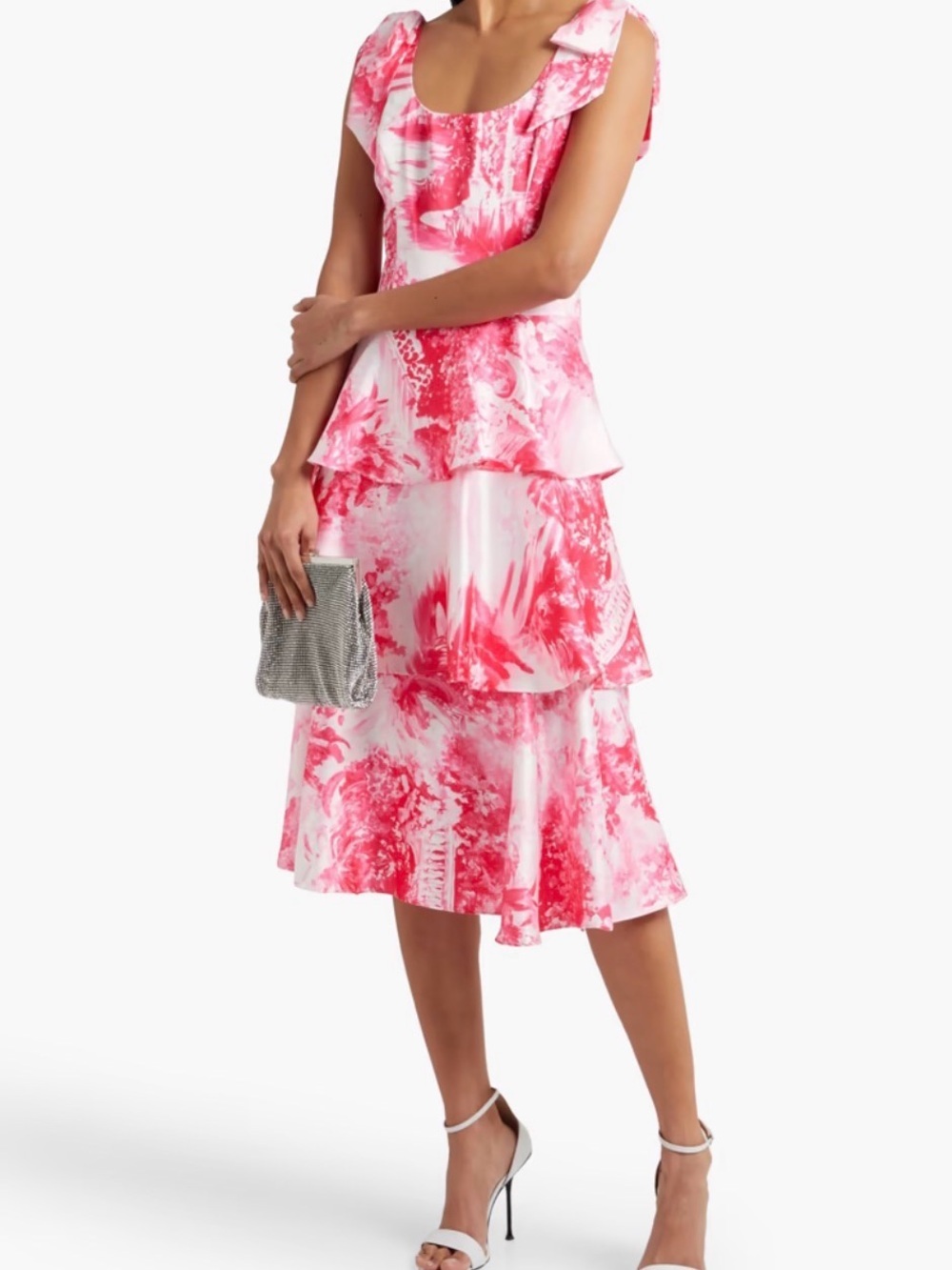 NWT MARCHESA NOTTE Bow-embellished tiered printed satin dress - Picture 11 of 14